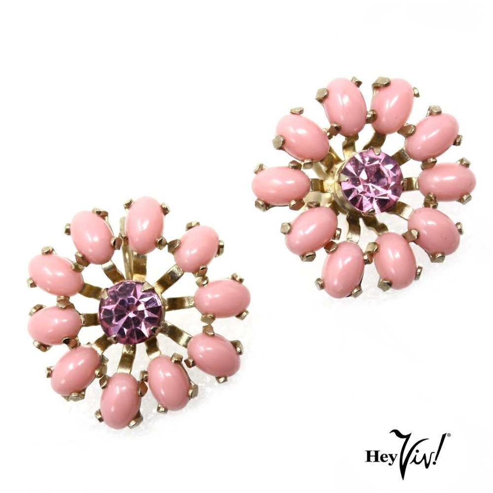Vintage Schurin Pink Thermoplastic Flower Screw Back Earrings - 1" - Hey Viv
